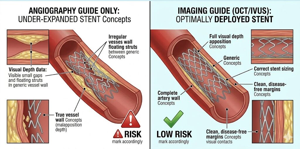 This section connects clinical science to patient outcomes regarding long-term recurrence. Image 5 is an evidence-based infographic that visually contrasts the root cause of stent failure